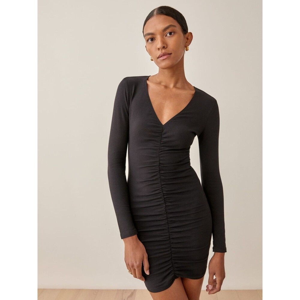 Reformation Cally Mini Dress Women's Size Medium Black Ruched Long Sleeve Dress